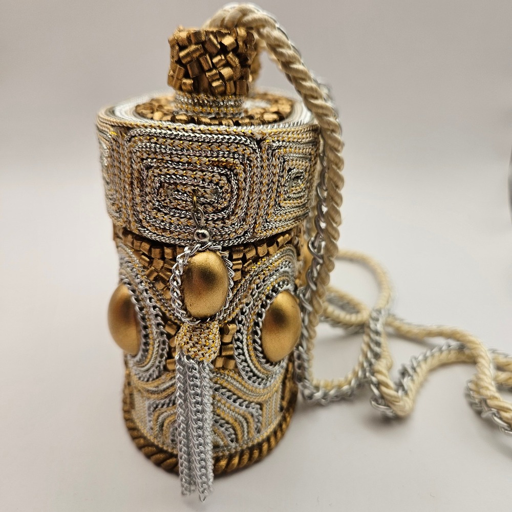 Vintage Mary Frances Gold Silver Beaded Minaudiere Evening Bag Handbag Purse - Picture 11 of 14